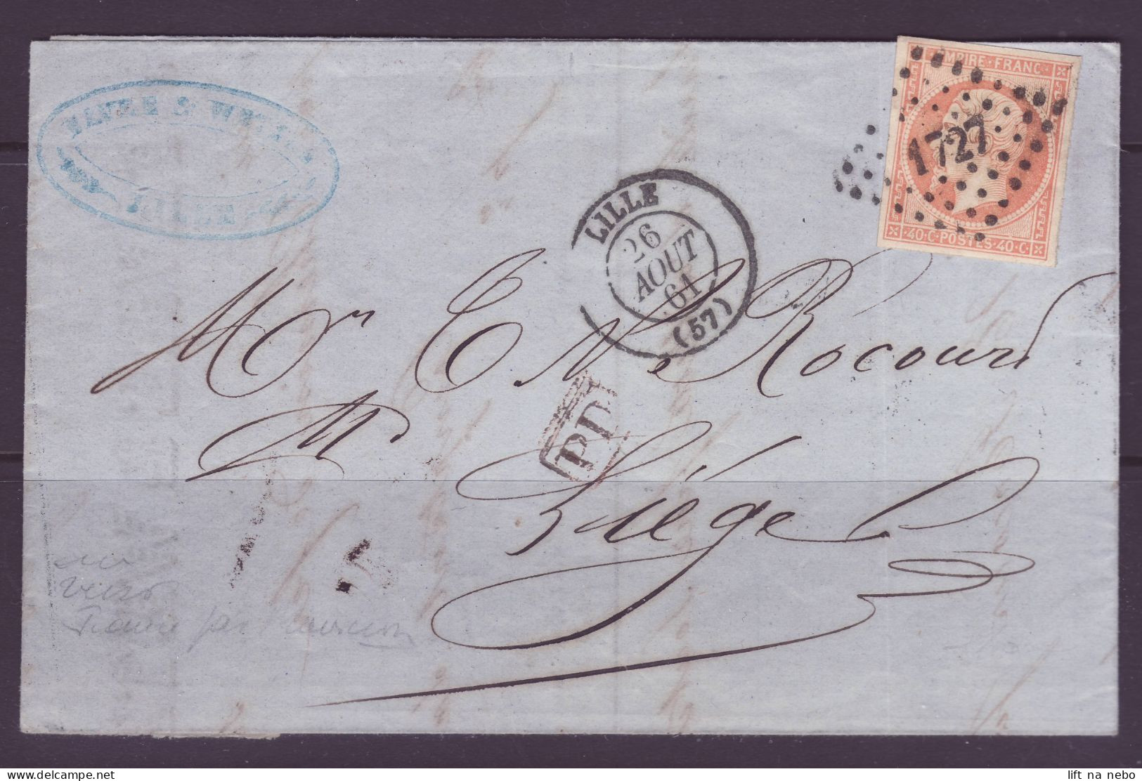 FRANCE 1853-1860 Napoleon III Stamp 40c Orange YT N°16 On The Cover Oblitération Petits Chiffres 1727 - 1853-1860 Napoléon III.