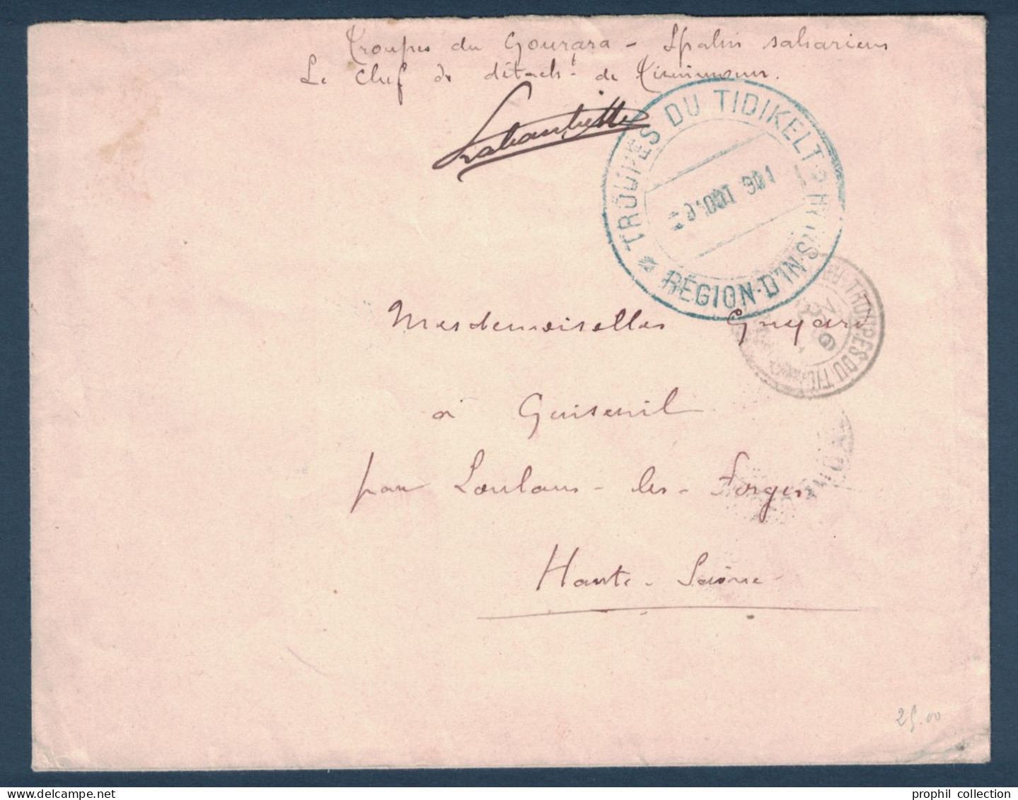 CACHET BLEU " TROUPES DU TIDIKELT " + MENTION TROUPES DU GOURARA SPAHIS SAHARIENS Sur LETTRE 1901 Pour LA FRANCE ALGÉRIE - Bolli Militari A Partire Dal 1900 (fuori Dal Periodo Di Guerra)