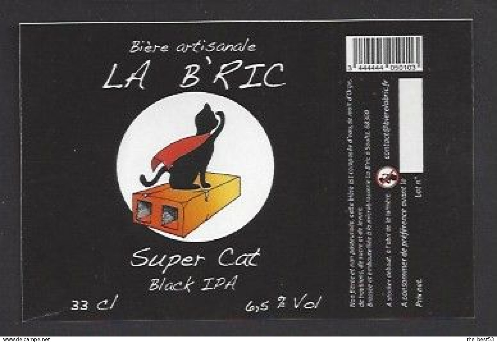 Etiquette De Bière Black IPA  -  Super Cat  -  Brasserie La B'ric  à  Soultz (68)  -  Thème Chat - Beer