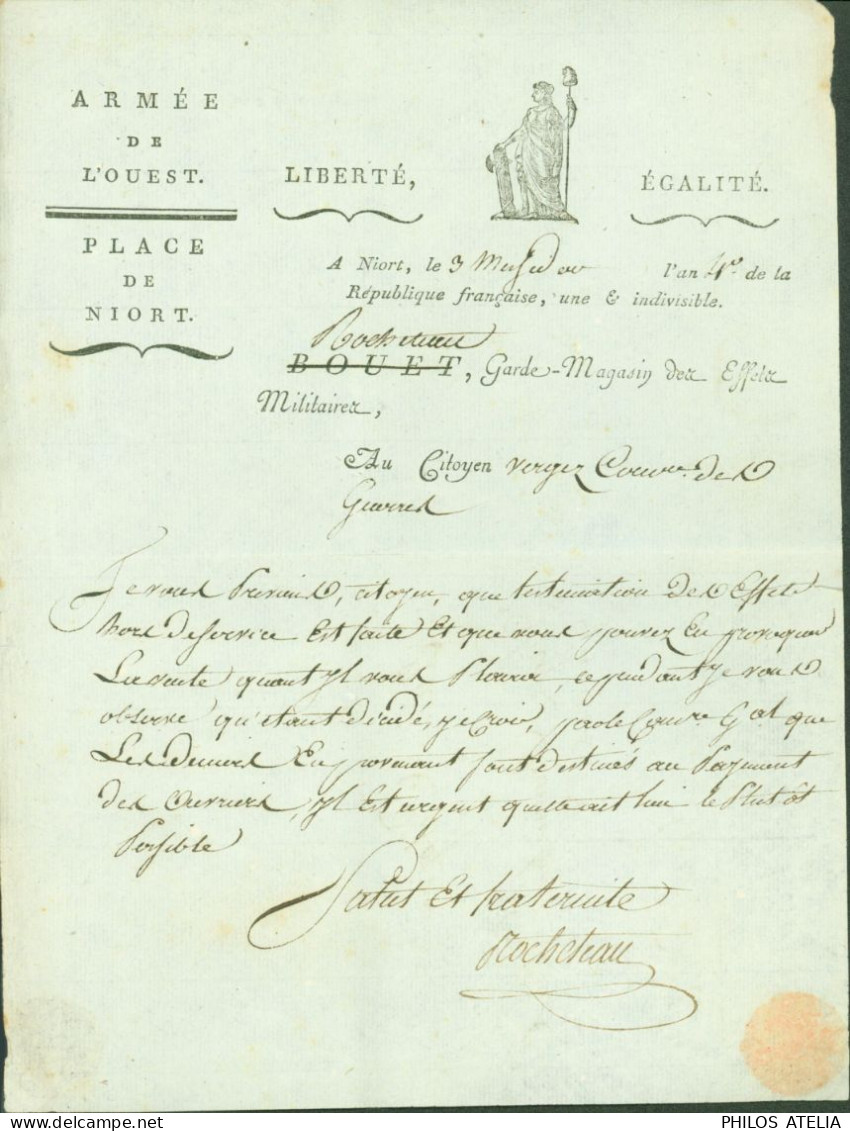 Révolution Armée De L'Ouest Place Niort An 4 Lettre Signature Autographe Garde Magasin Effets Militaires Rocheteau ? - Politiques & Militaires