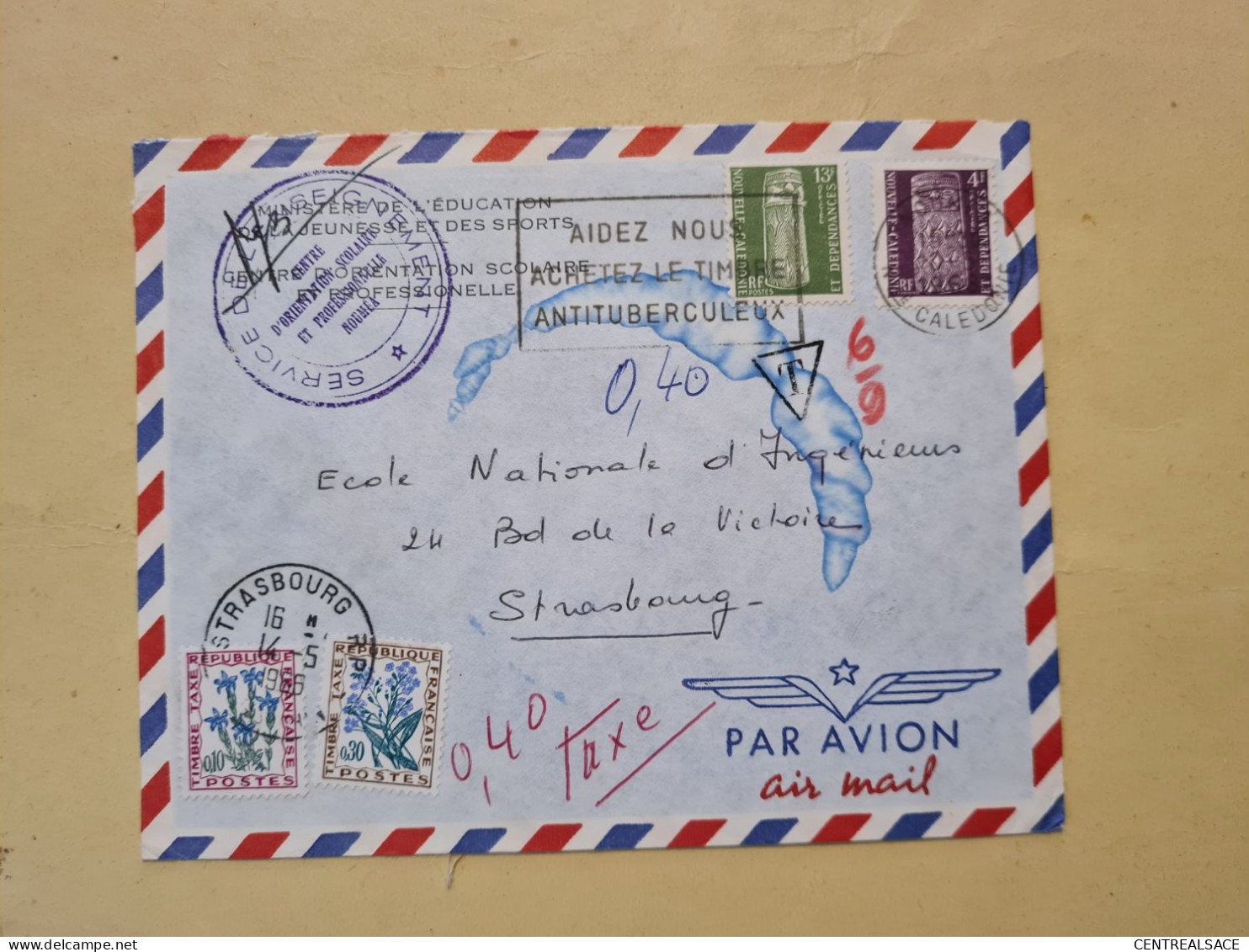 LETTRE NOUVELLE CALEDONIE 1966 FLAMME AIDEZ NOUS ACHETEZ LE TIMBRE ANTITUBERCULEUX MINISTERE EDUCATION TAXEE STRASBOURG - Storia Postale