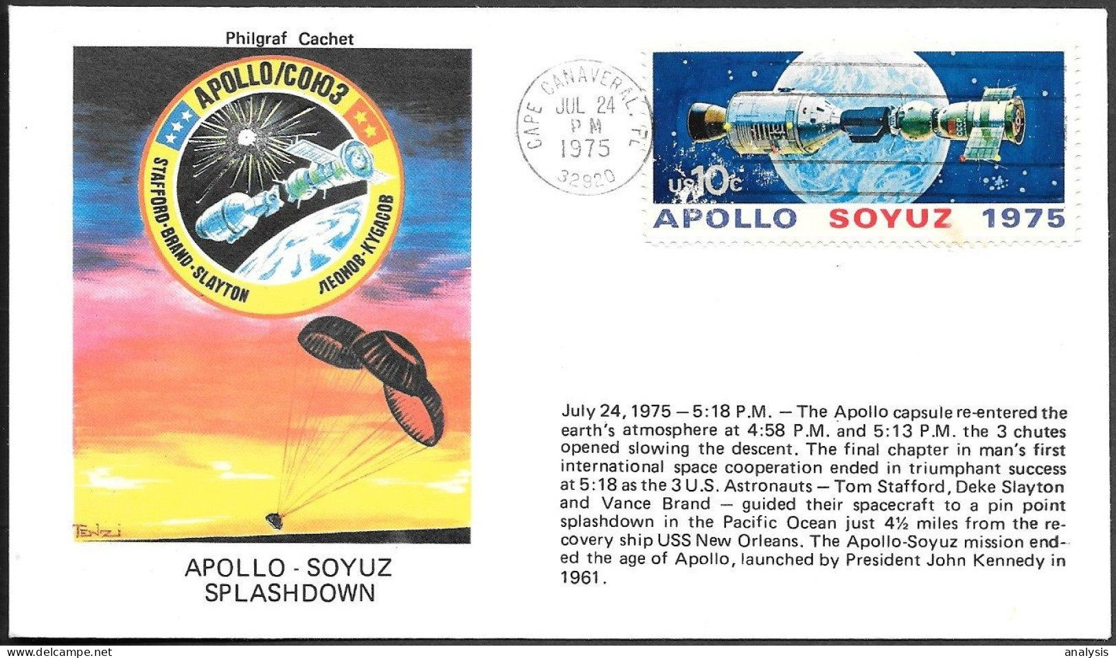 US Space Cover 1975. ASTP Apollo - Soyuz Splashdown - Verenigde Staten