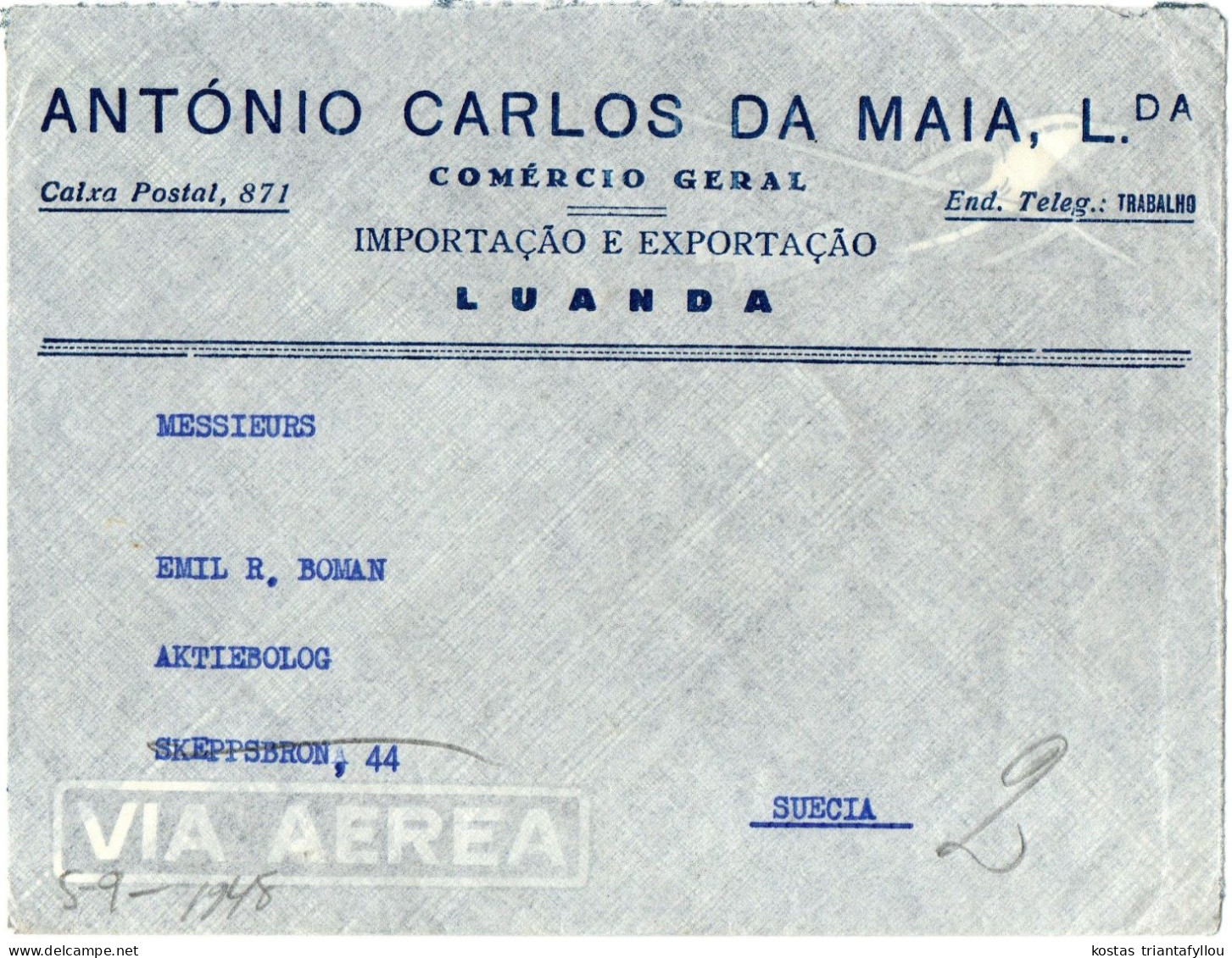 1,55 ANGOLA, LUANDA, 1948, COVER TO SWEDEN (RIGHT SIDE OPENED) - Angola