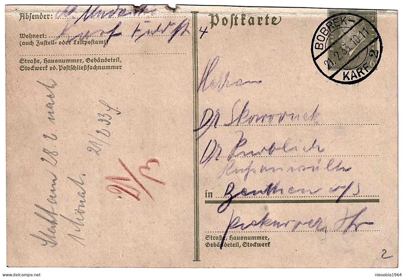 German Empire Postcard Bobrek To Beuthen Seal BOBREK KARF 2 - 02/21/1933 - Cartoline