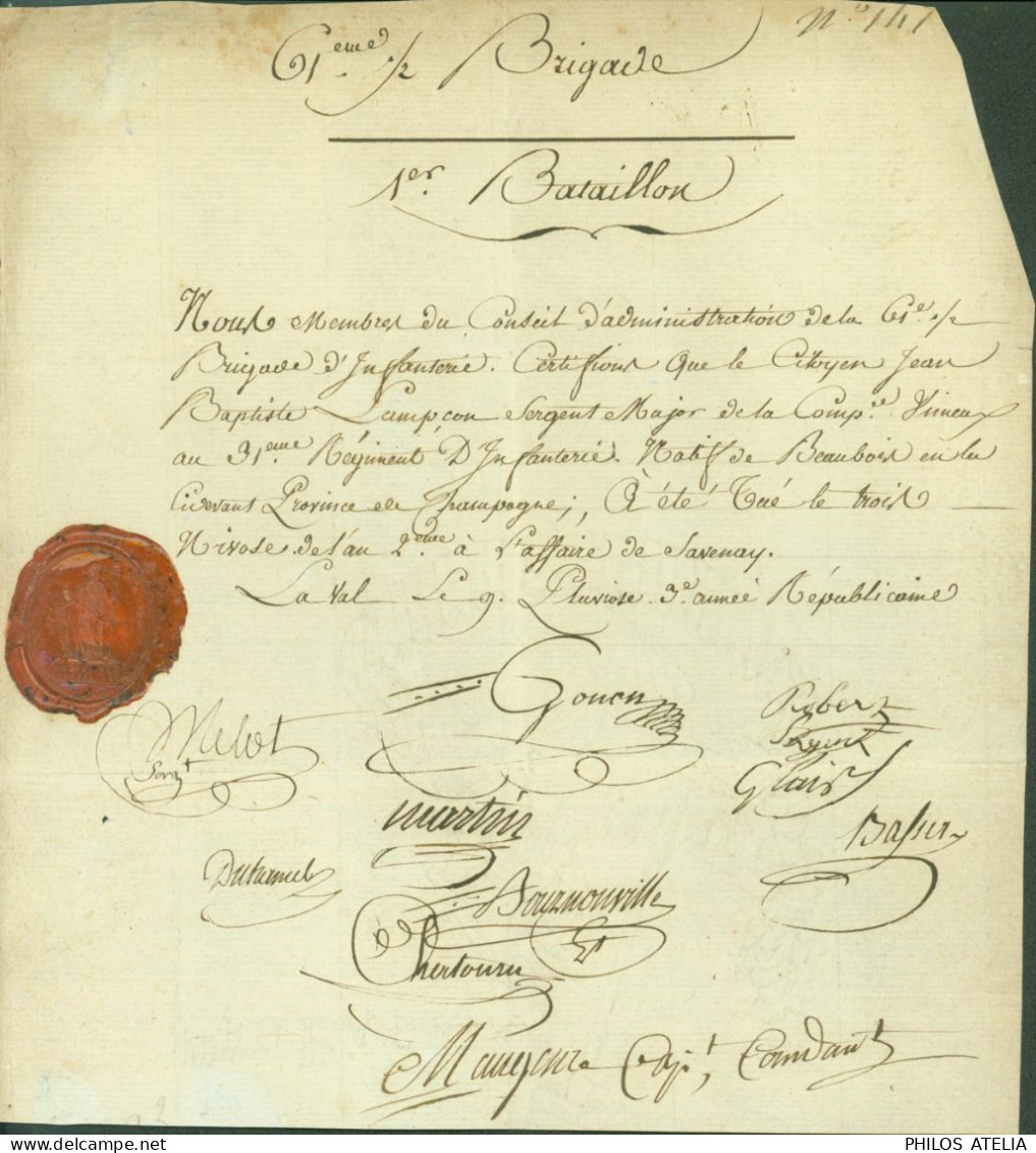 Signatures Conseil 61e 1/2 Brigade Certificat Décès JB Lampçon Sergent Major 31e Régiment D'infanterie Affaire Savenay - Político Y Militar