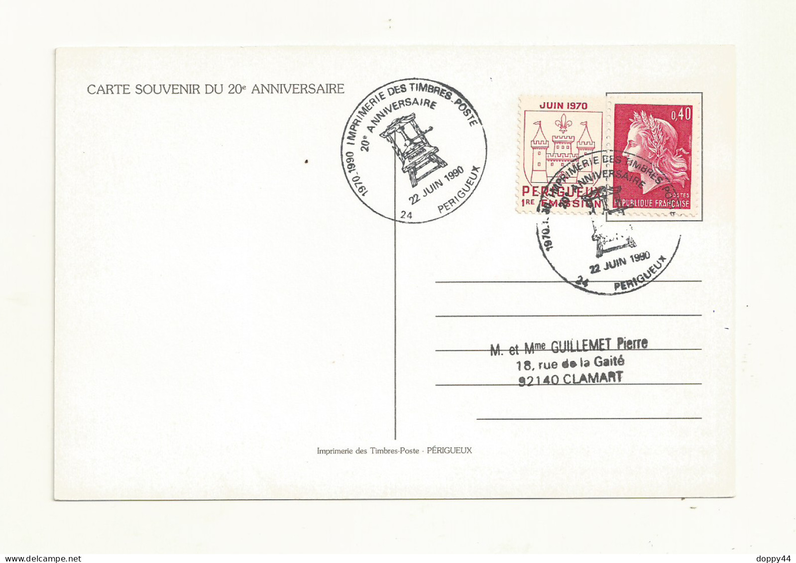 MARIANNE DE CHEFFER CARTE SOUVENIR DU 20 ème ANNIVERSAIRE DE L'IMPRIMERIE DES TP.PERIGUEUX - 1967-1970 Marianne (Cheffer)