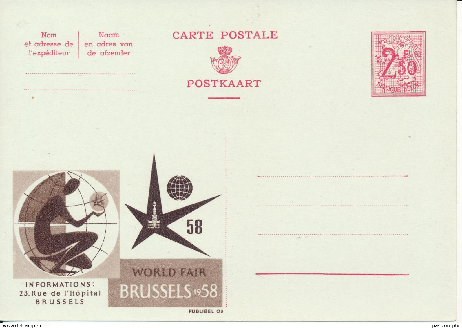 BELGIUM PPS  SBEP 09A PUBLIBEL POUR L'ETRANGER EXPO 58 FN UNUSED - Werbepostkarten