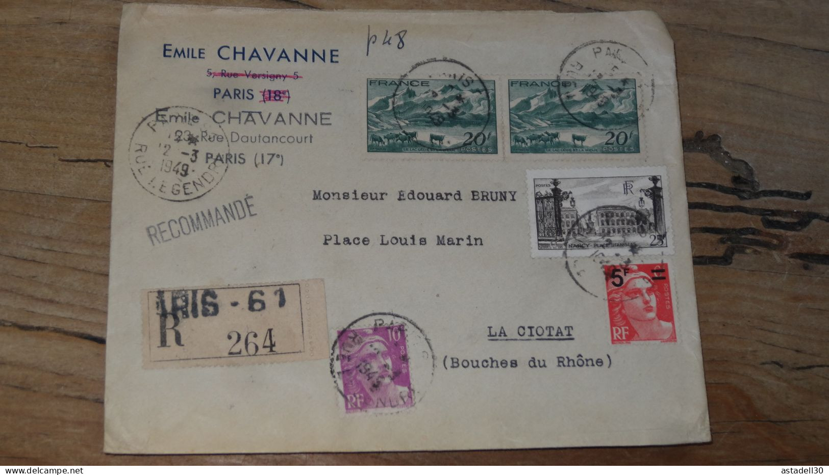 Enveloppe Recommandée PARIS Pour LA CIOTAT - 1949  ............BOITE1.......... 454 - 1921-1960: Periodo Moderno