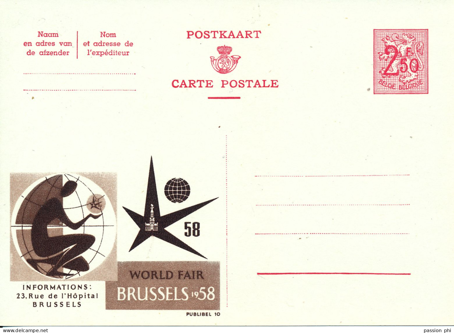 BELGIUM PPS  SBEP 10A PUBLIBEL POUR L'ETRANGER EXPO 58 NF UNUSED - Publibels