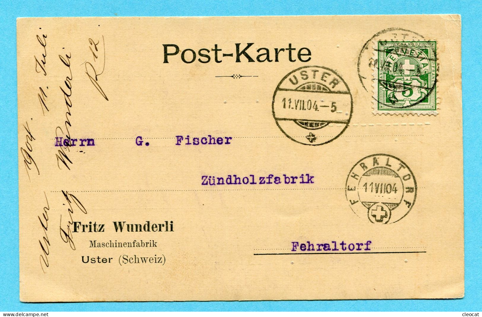 Postkarte Von Uster Nach Fehraltorf 1904 - Absender: Fritz Wunderli - Briefe U. Dokumente