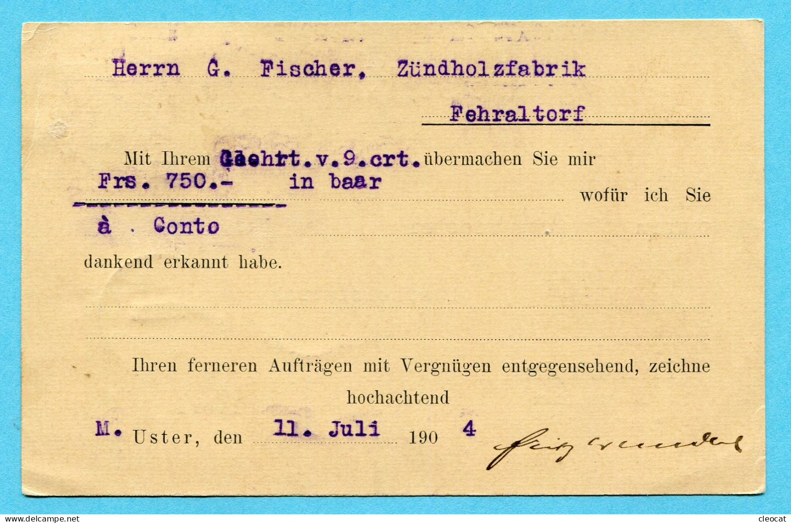 Postkarte Von Uster Nach Fehraltorf 1904 - Absender: Fritz Wunderli - Brieven En Documenten