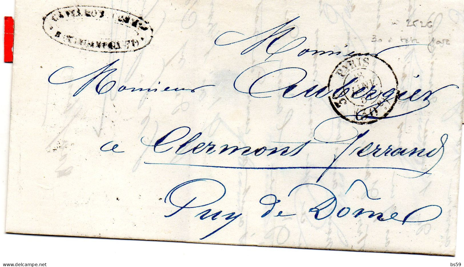 Paris - LAC De Paris Pour Clermont (28/01/1857) Tàd Taxe 30c (réf Pothion 2526, Chiffre 3 à Tête Plate) - 1849-1876: Periodo Clásico