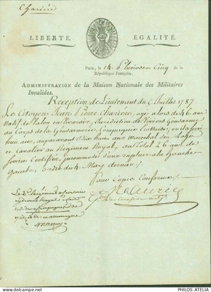 Révolution Administration Maison Militaires Invalides Certificat De Réception Lieutenant Jean Pierre Charière Gendarme - Politiques & Militaires