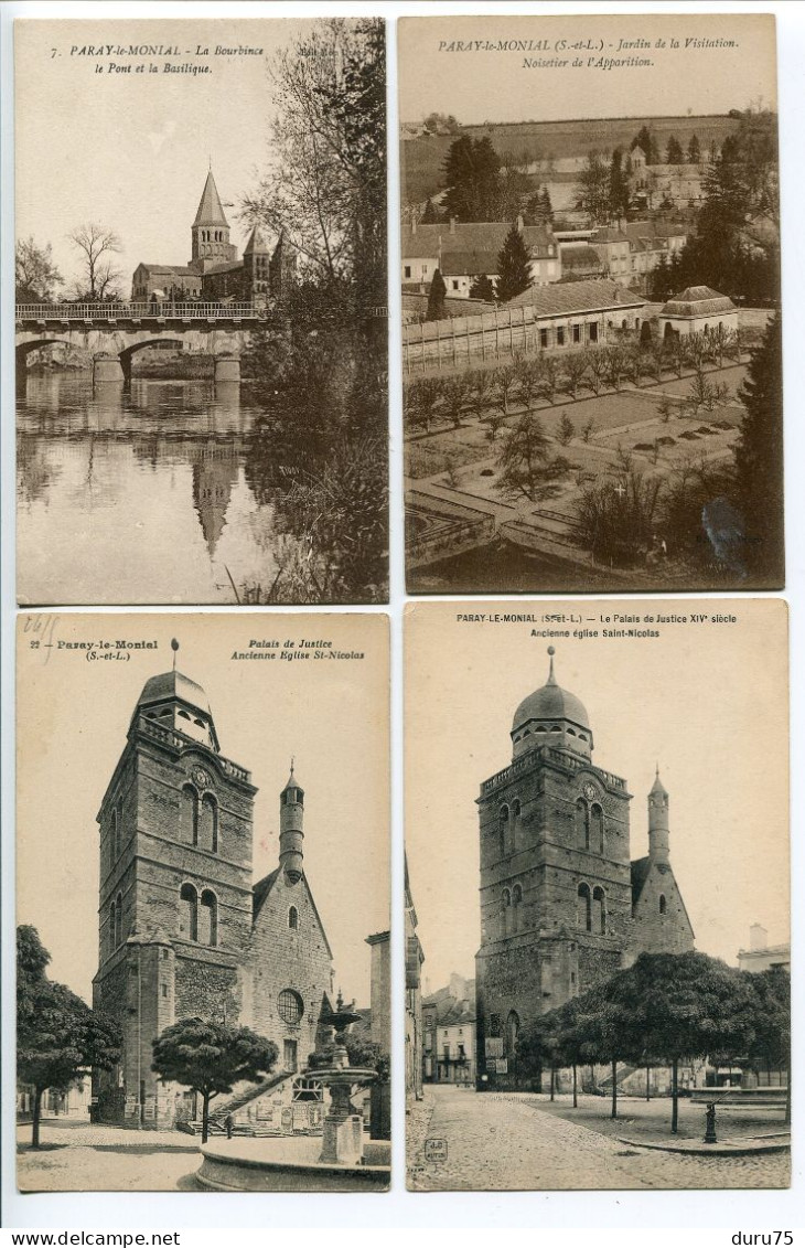 12 CP PARAY Le MONIAL Bourbince Pont Basilique Jardin Visitation Palais Justice Eglise Tour Nicolas Intérieur Chapelle - Paray Le Monial