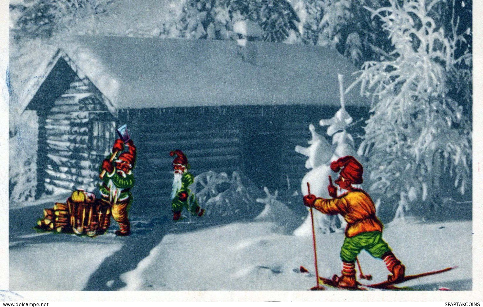 SANTA CLAUS Happy New Year Christmas GNOME Vintage Postcard CPA #PKE021.A - Kerstman