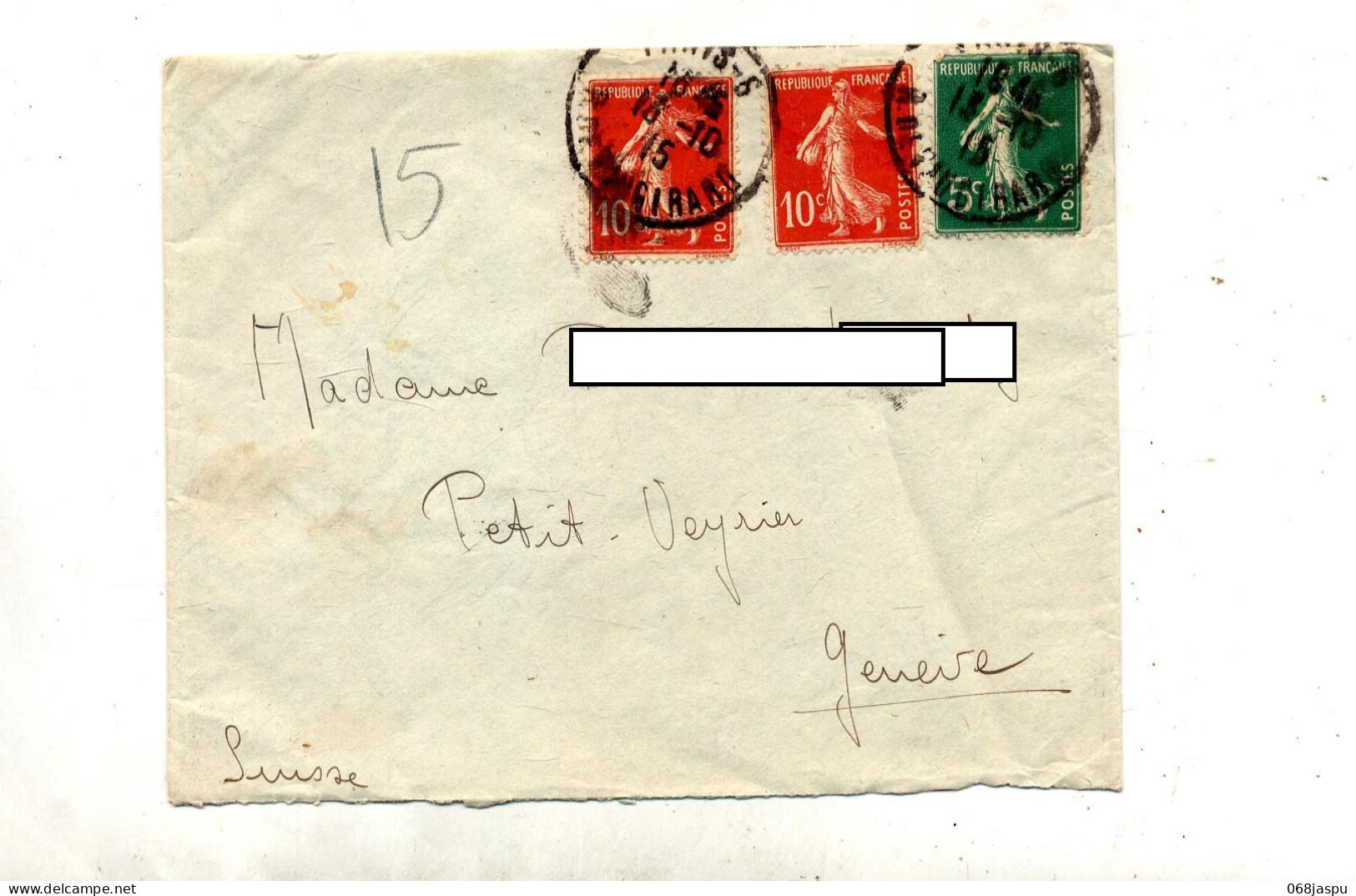 Lettre  Cachet Paris 5 Sur Semeuse + Geneve - Manual Postmarks