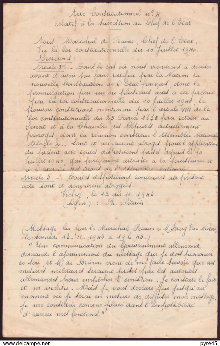 Message Lu Par Le Maréchal Pétain, Le 12 Novembre 1943 - Unclassified