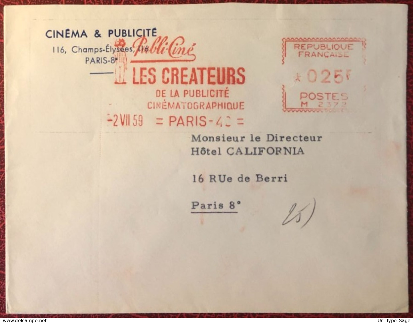 France, Thème CINEMA - Flamme (Ema 060) Publi-Ciné 2.7.1959 - (C1012) - Kino