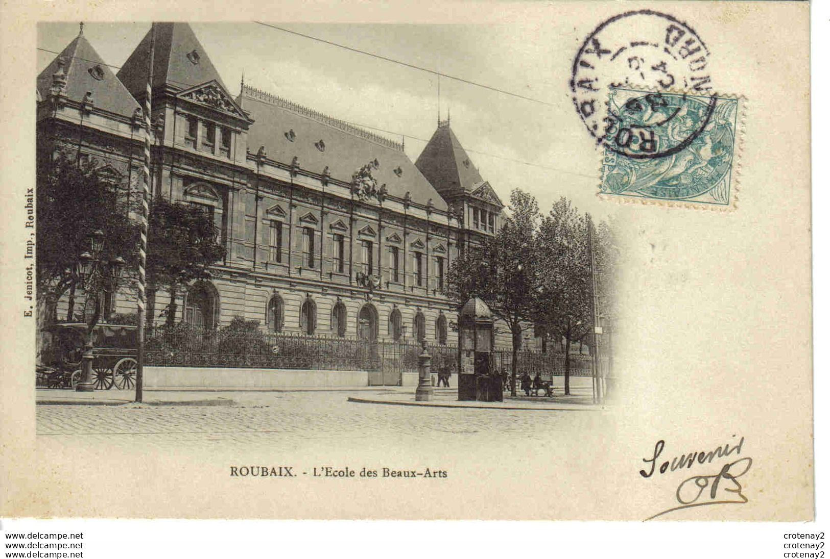 59 ROUBAIX L'Ecole Des Beaux-Arts En 1904 Bel Attelage Kiosque E. Jenicot Imp VOIR DOS Non Séparé - Roubaix