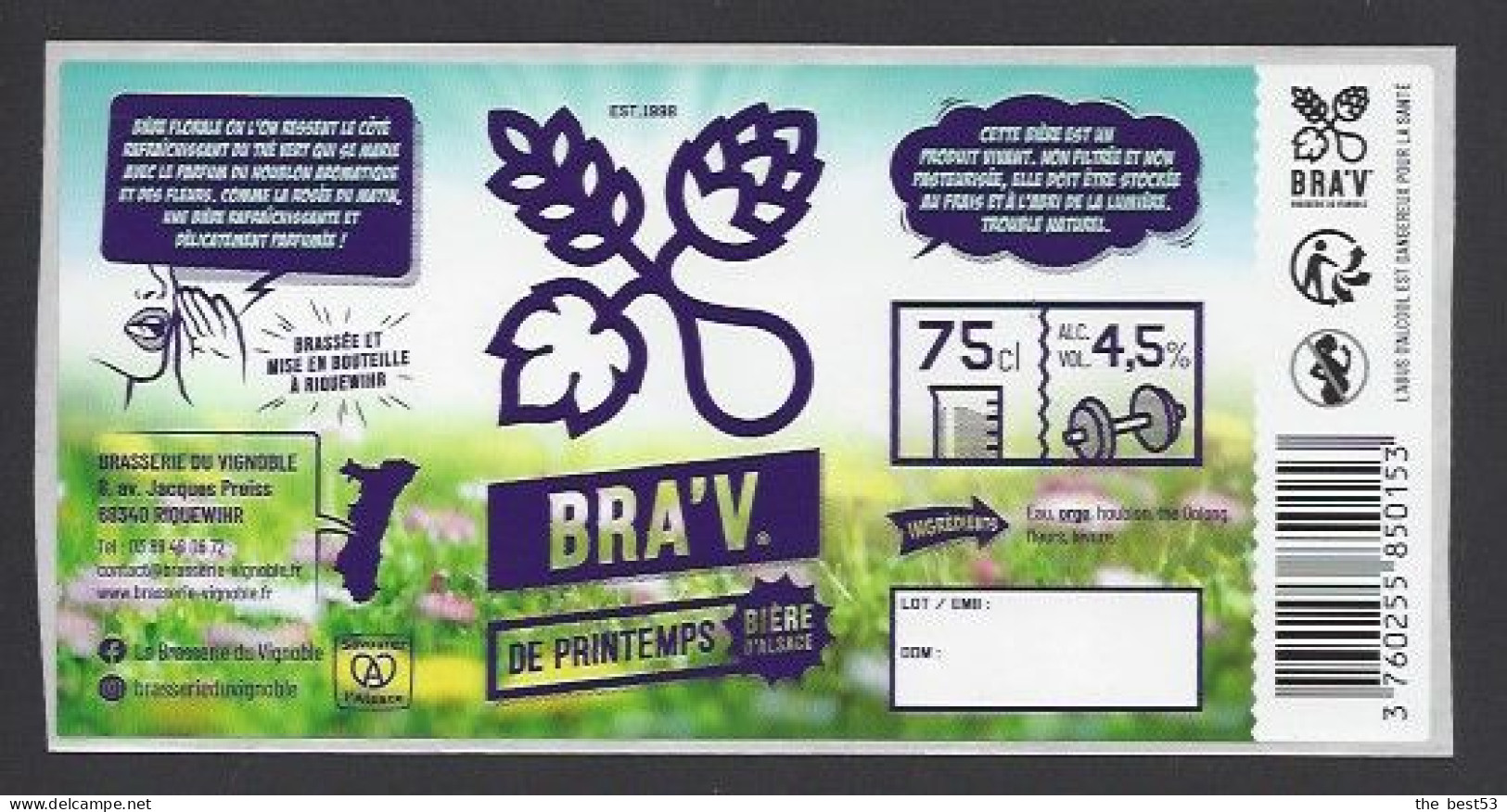 Etiquette De Bière De Printemps  -   Bra'v -    Brasserie  Du Vignoble  à  Riquewihr  (68) - Bière