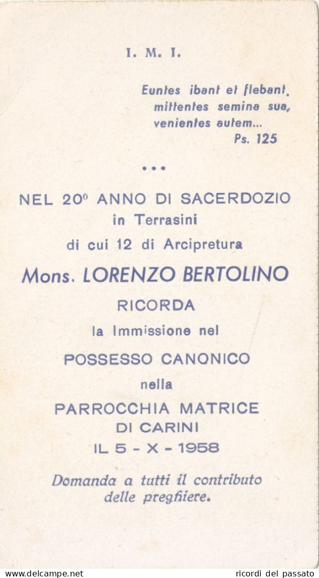 Santino Ricordo 20° Anno Di Sacerdozio - Carini 1958 - Andachtsbilder