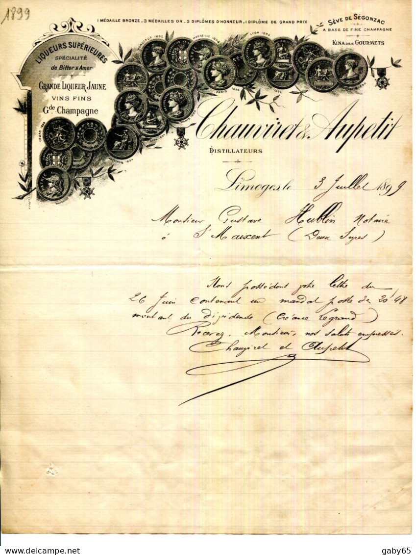 FACTURE.87.LIMOGES.LIQUEURS SUPÉRIEURES.SÈVE DE SÉGONZAC.CHAUVIRET & AUPETIT DISTILLATEURS. - Food