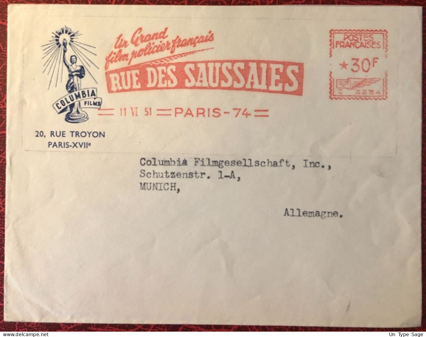 France, Thème CINEMA - Flamme (Ema 050) RUE DES SAUSSAIES 11.6.1951 - (C1019) - Cinema