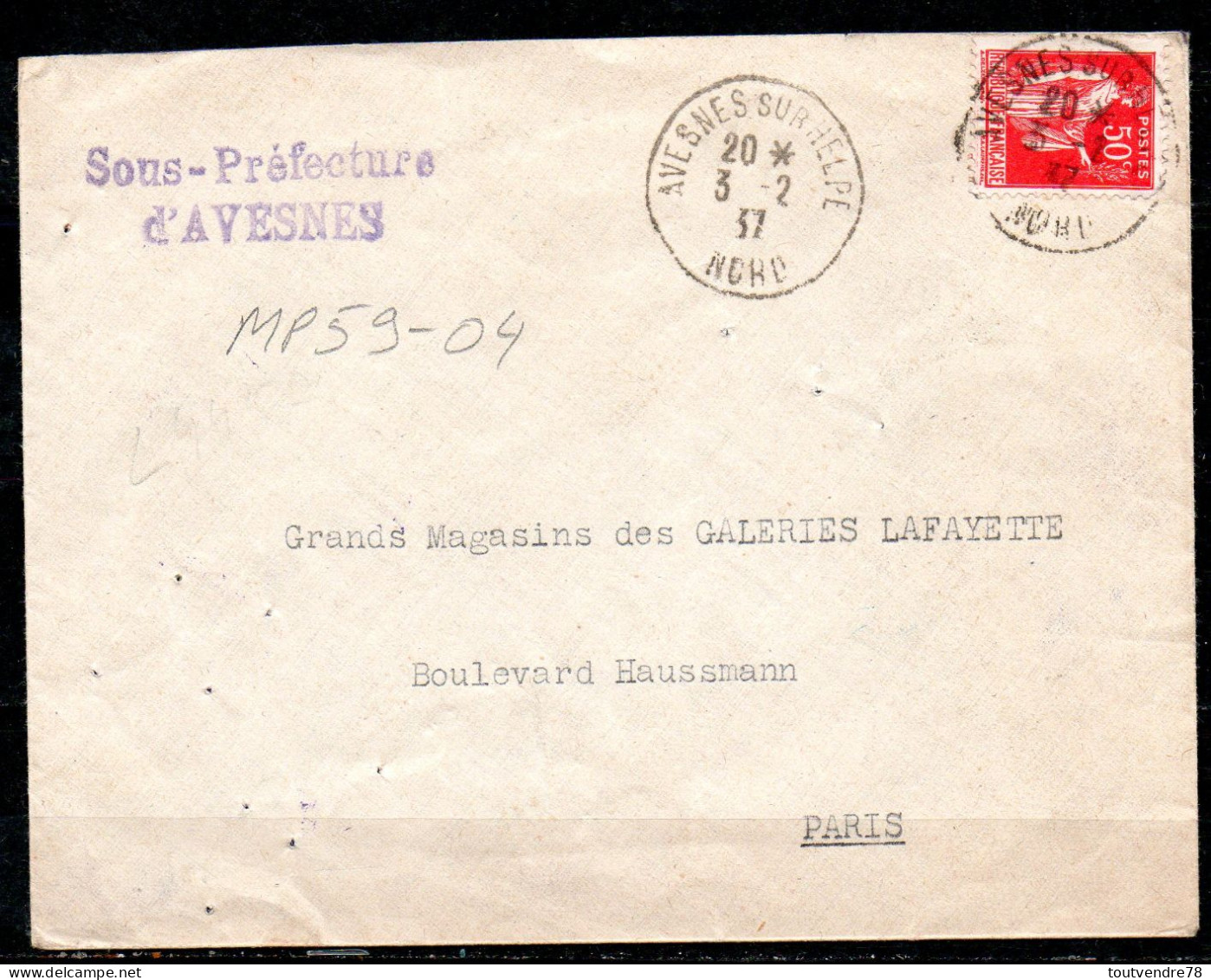 MP59-04 : Dept 59 (Nord) AVESNES SUR HELPE 1937 > Cachet Type A4 - Manual Postmarks