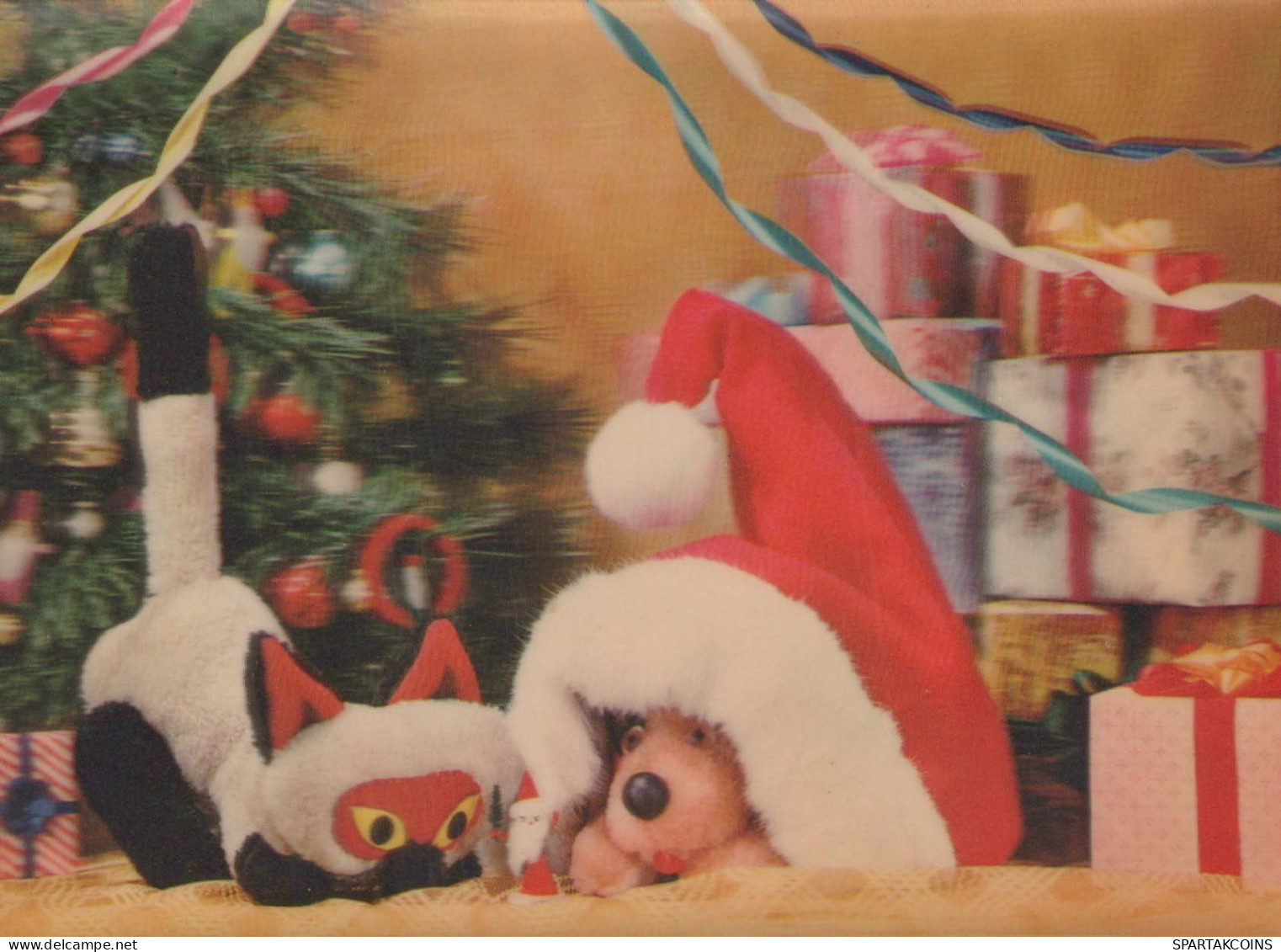 Neujahr Weihnachten KATZE HUND LENTICULAR 3D Vintage Ansichtskarte Postkarte CPSM #PAZ059.A - New Year
