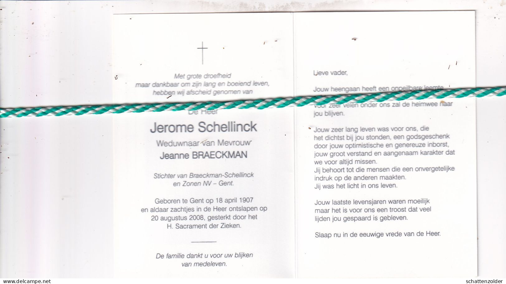Jerome Schellinck-Braeckman, Gent 1907, 2008. Honderdjarige, Stichter Nv Braeckman-Schellinck En Zonen. Foto - Décès