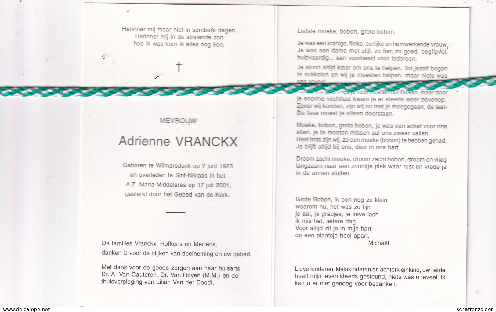 Adrienne Vranckx, Wilmarsdonk 1923, Sint-Niklaas 2001. Foto - Obituary Notices