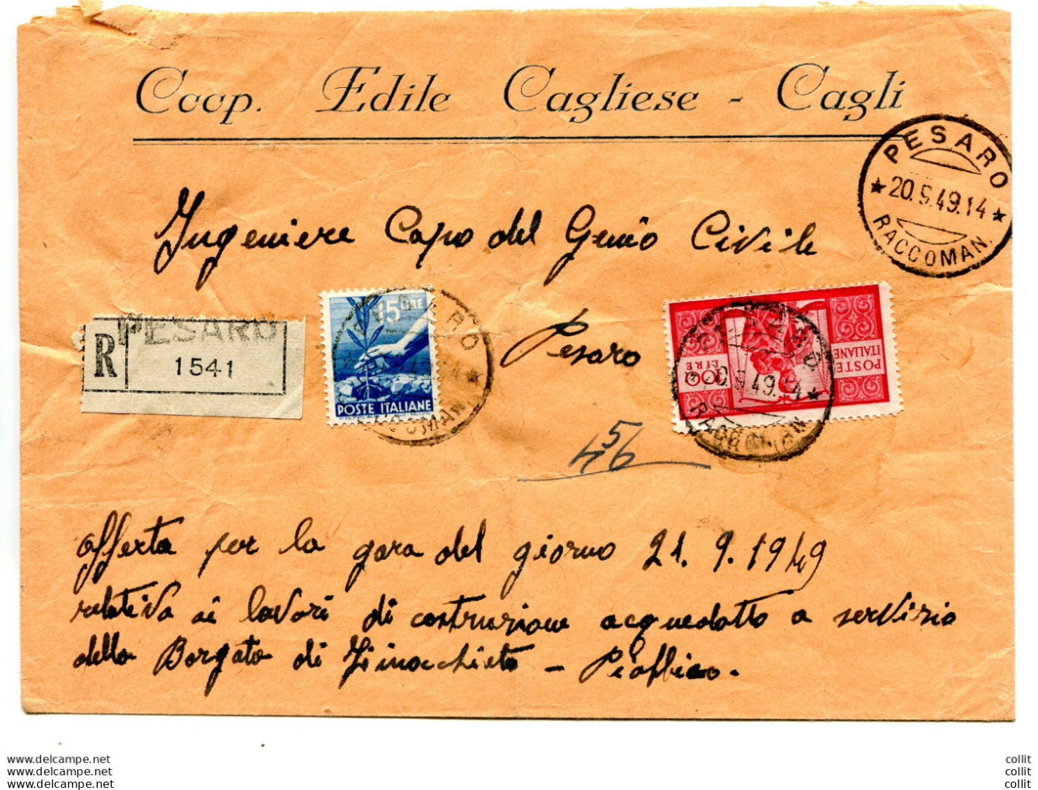 Democratica Lire 100 (I° Lastra) + Complementare Su Busta Racc. Da Pesaro - 1946-60: Poststempel