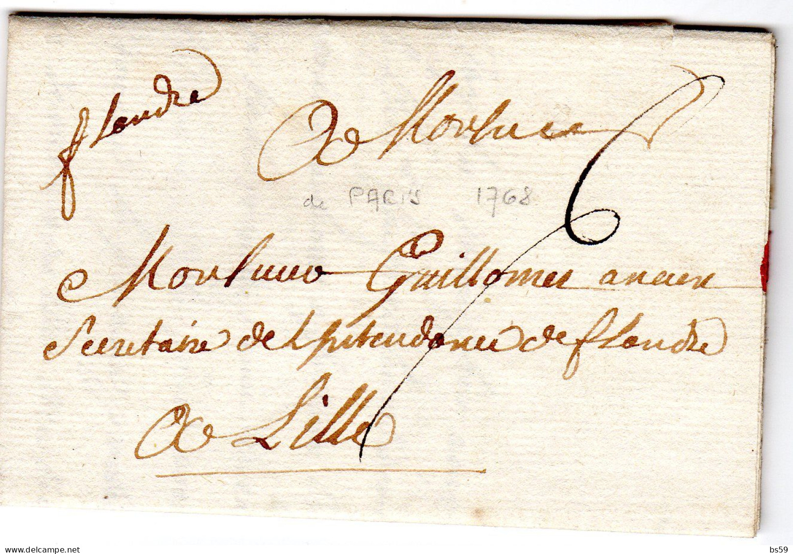 Paris - LAC (de Paris 22/06/1768) Mention Postale "Flandres", Taxe 6 Pour Lille - 1701-1800: Voorlopers XVIII