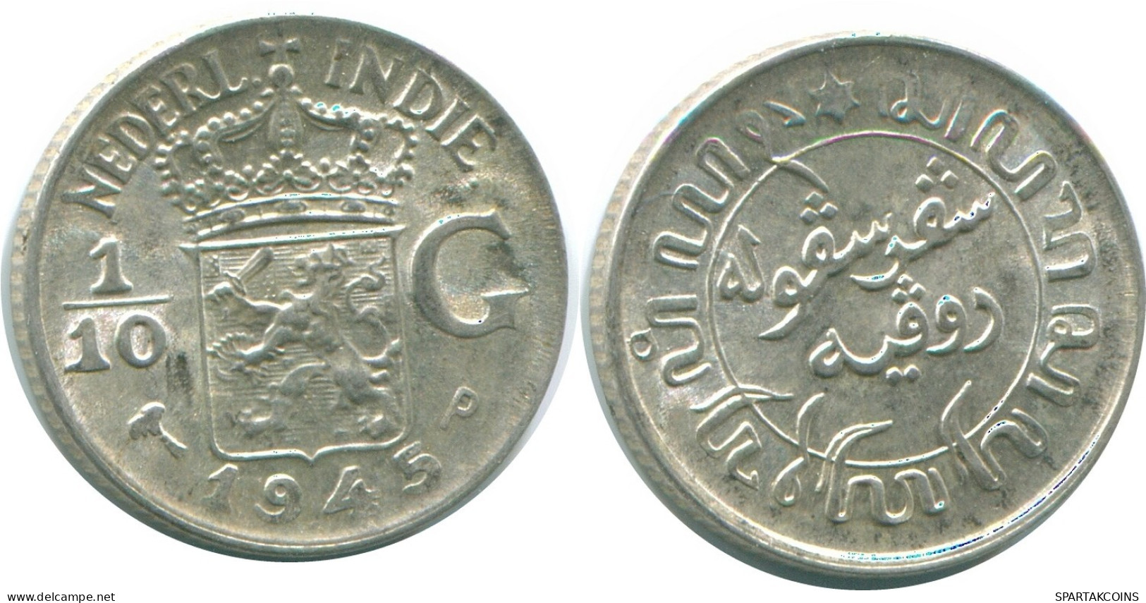 1/10 GULDEN 1945 P INDES ORIENTALES NÉERLANDAISES ARGENT Colonial Pièce #NL14066.3.F.A - Dutch East Indies