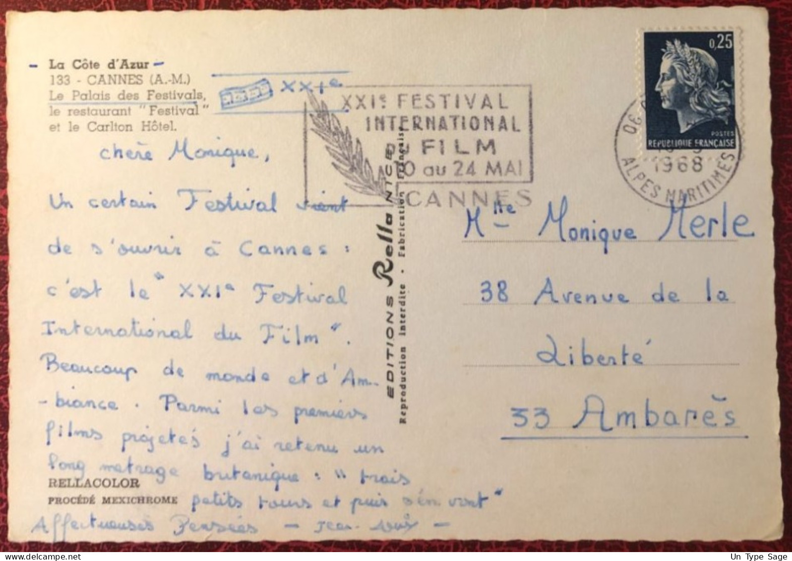 France, Thème CINEMA - Flamme FESTIVAL DE CANNES 1968 - Carte Postale - (C1029) - Kino