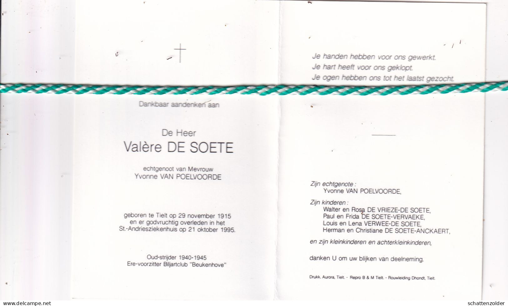 Valère De Soete-Van Poelvoorde, Tielt 1915, 1995. Oud-strijder 40-45; Foto - Obituary Notices