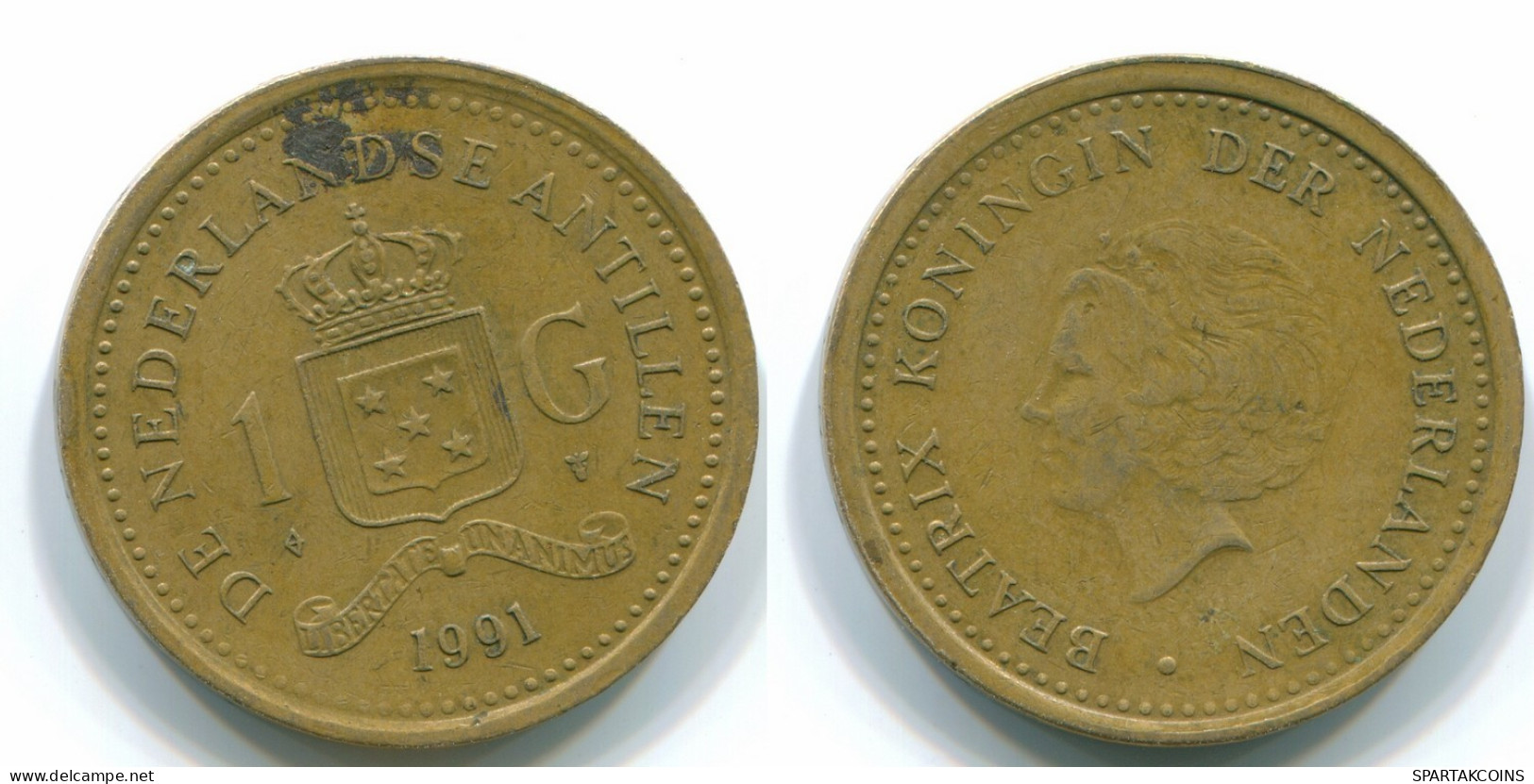 1 GULDEN 1991 NETHERLANDS ANTILLES Aureate Steel Colonial Coin #S12138.U.A - Antilles Néerlandaises