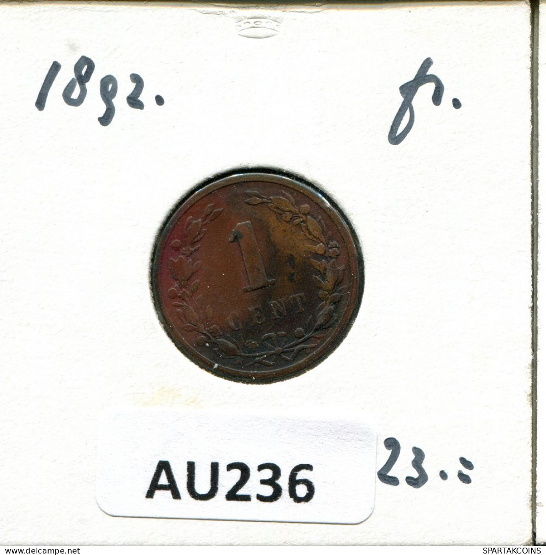 1 CENT 1892 NÉERLANDAIS NETHERLANDS Pièce #AU236.F.A - 1 Cent