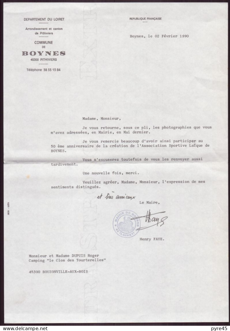 Lettre à En-tête " Commune De Boynes " 1990 - Zonder Classificatie