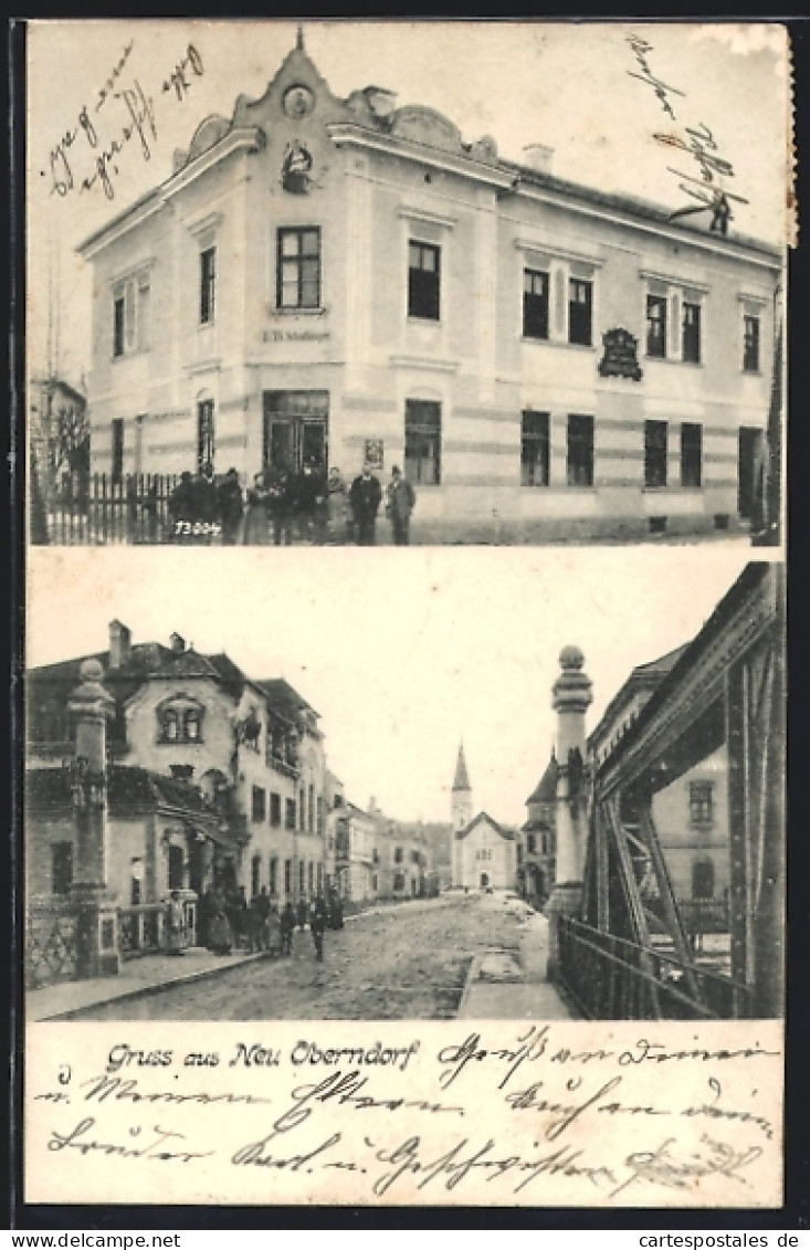 AK Oberndorf Bei Salzburg, Neu Oberndorf, Haus J. Th. Schachinger, Strassenpartie Mit Blick Zur Kirche  - Andere & Zonder Classificatie