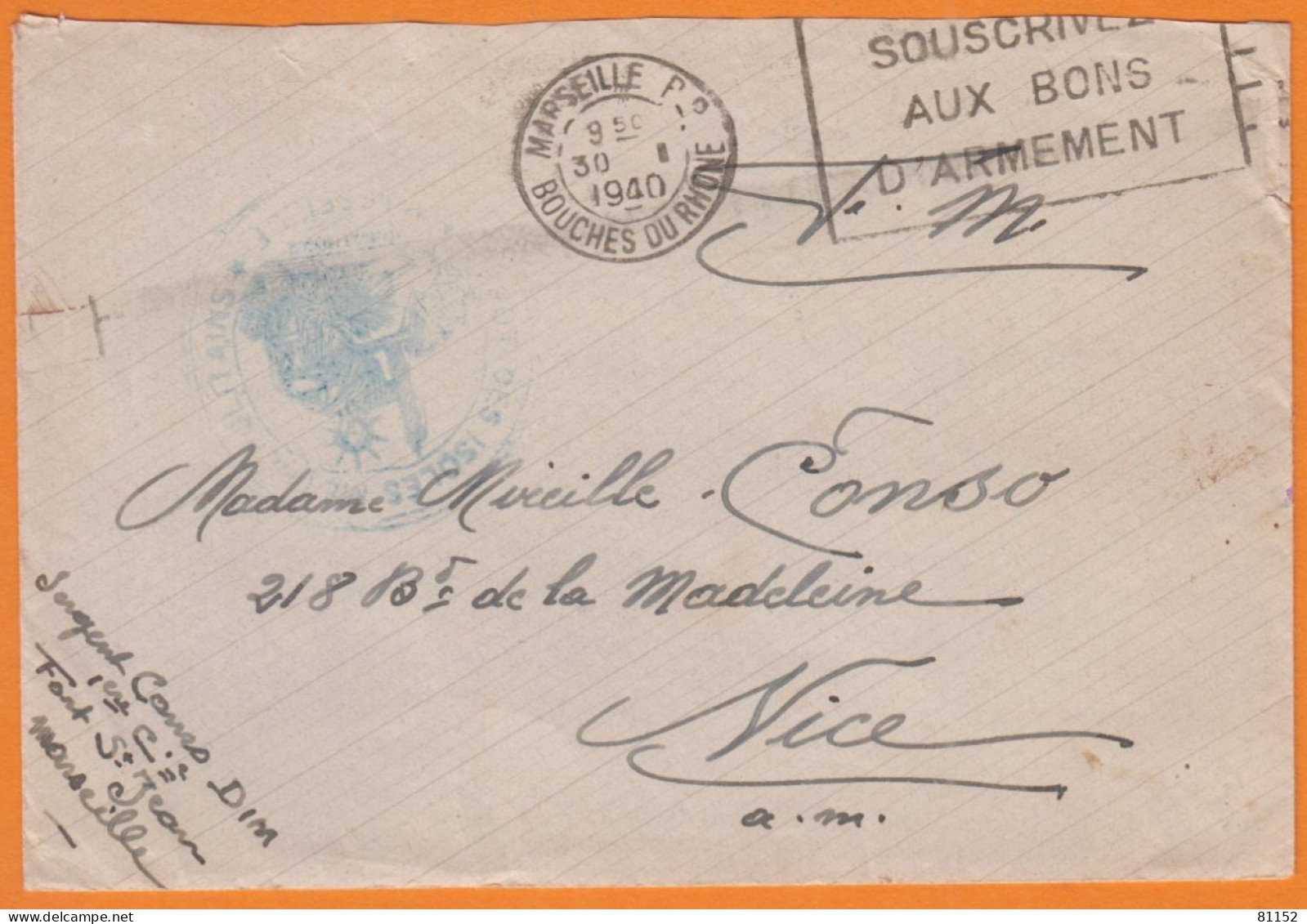 Flier " SOUSCRIVEZ... " Sur Lettre En F.M.avec Courrier D'un SERGENT 1940 De MARSEILLE Au FORT SAINT JEAN - Oorlog 1939-45