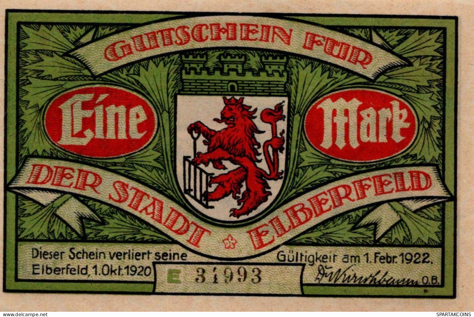 1 MARK 1920 Stadt ELBERFELD Rhine UNC DEUTSCHLAND Notgeld Banknote #PB152 - [11] Emissioni Locali