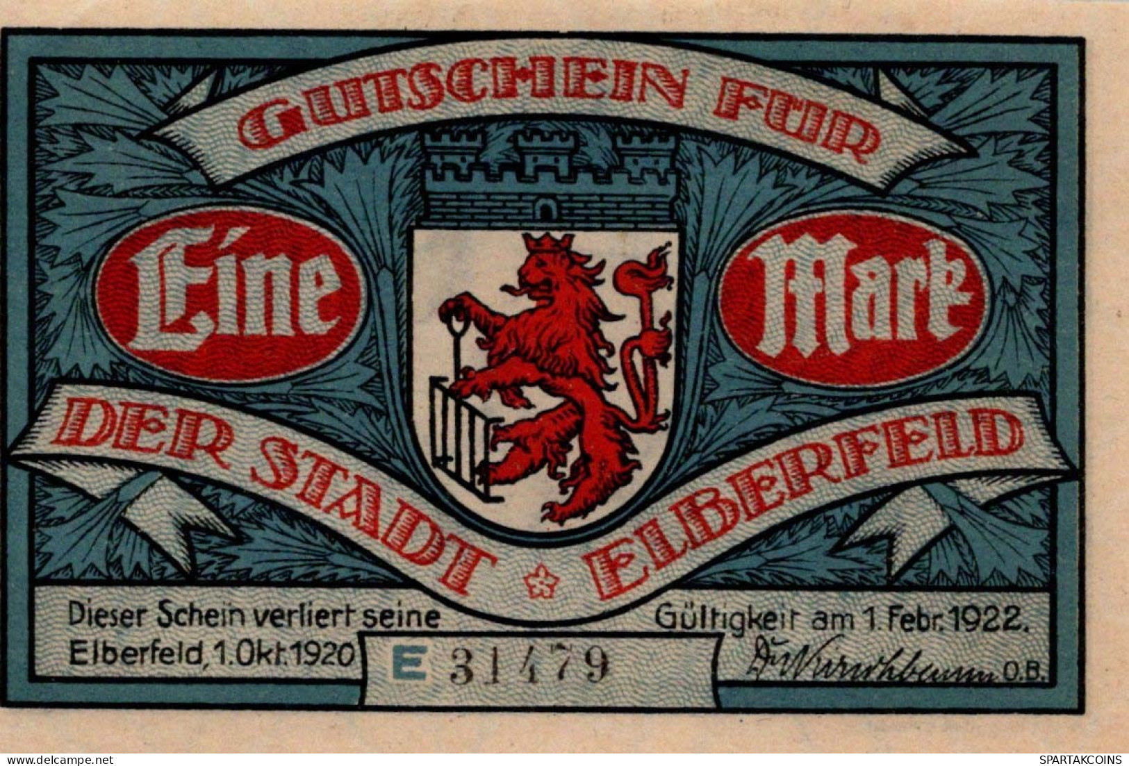 1 MARK 1920 Stadt ELBERFELD Rhine UNC DEUTSCHLAND Notgeld Banknote #PB151 - [11] Emissioni Locali