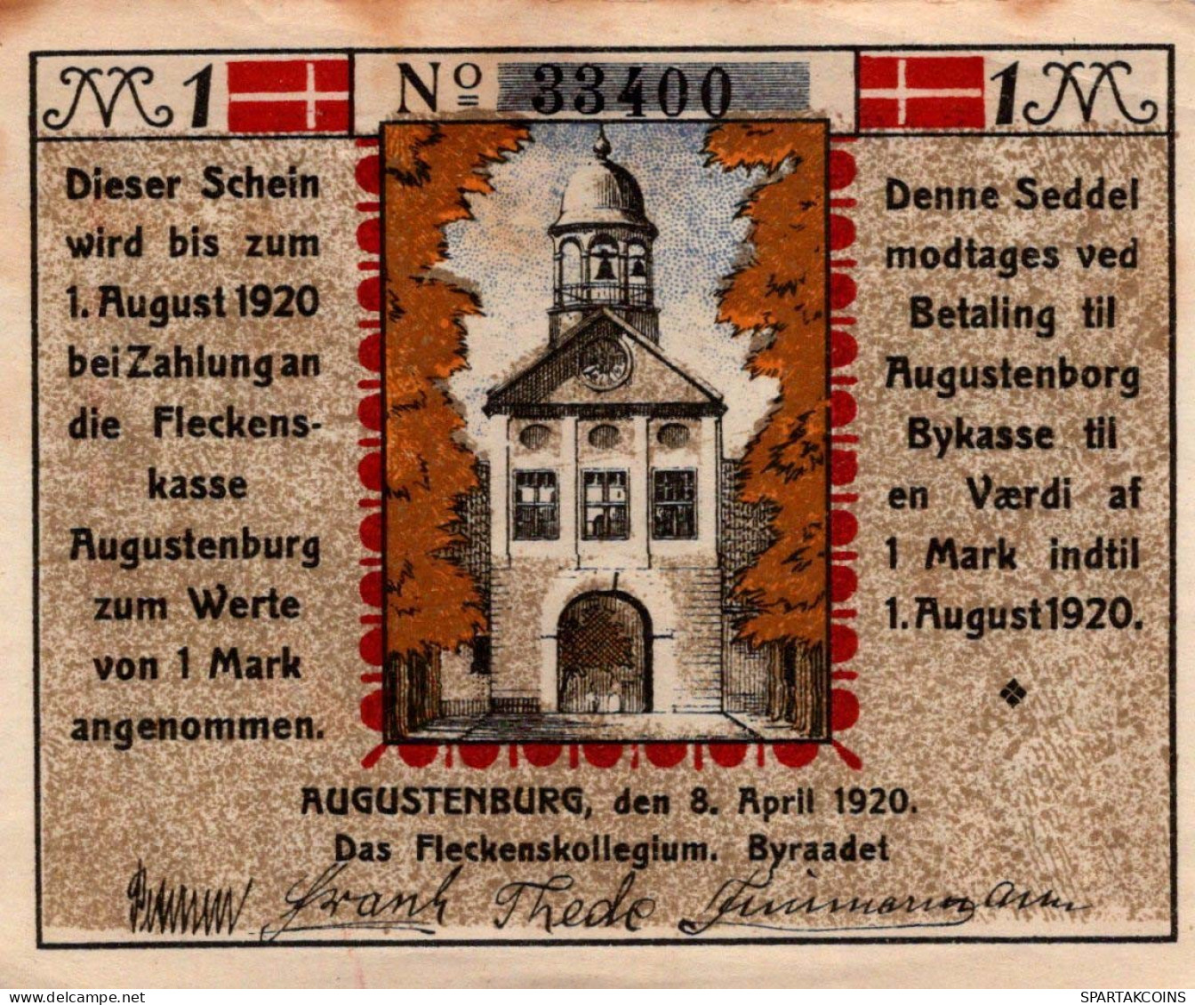 1 MARK 1920 Stadt AUGUSTENBURG Schleswig-Holstein UNC DEUTSCHLAND Notgeld #PI461 - [11] Emissioni Locali