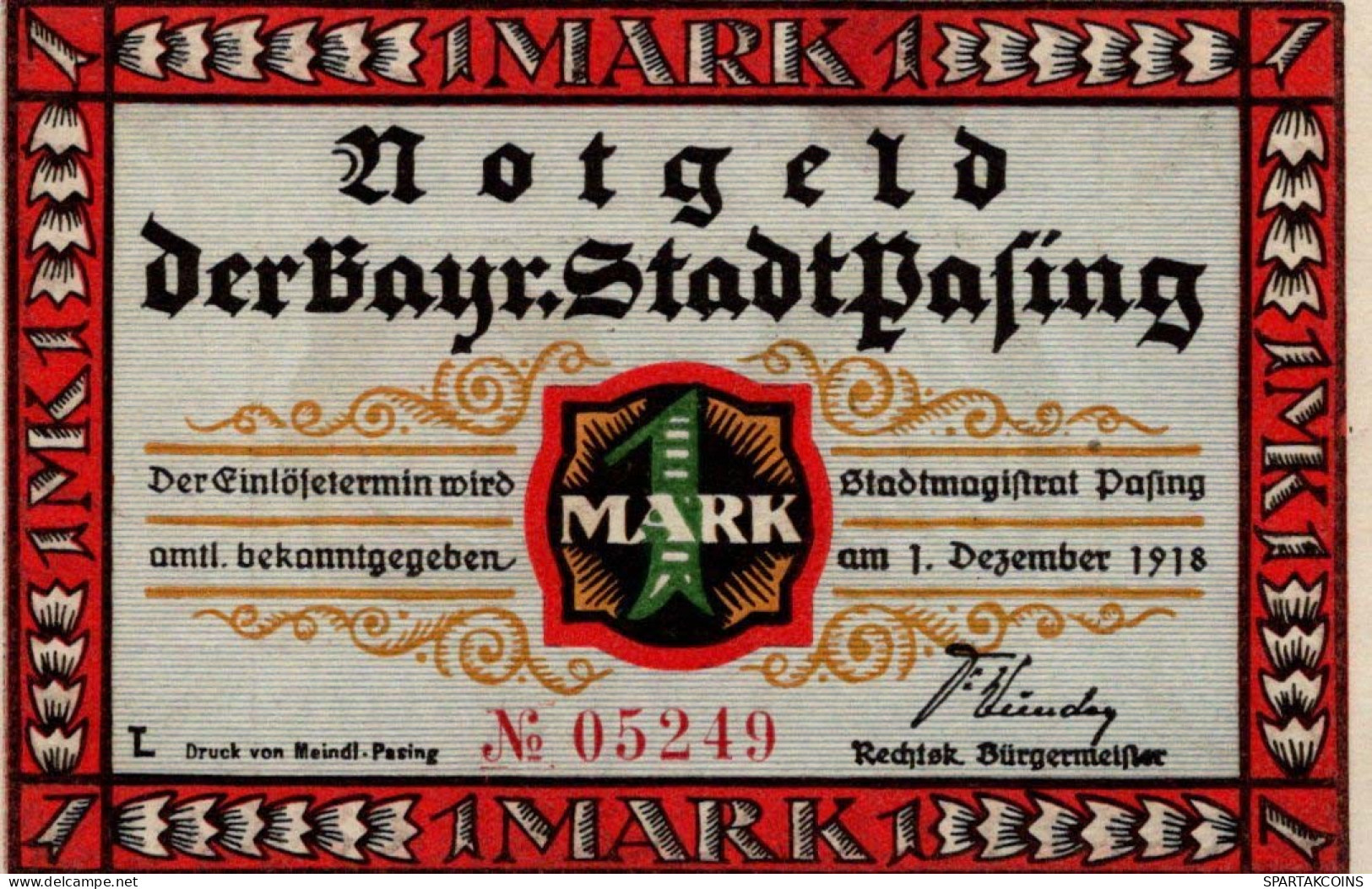 1 MARK 1918 Stadt PASING Bavaria UNC DEUTSCHLAND Notgeld Banknote #PB491 - [11] Emissioni Locali