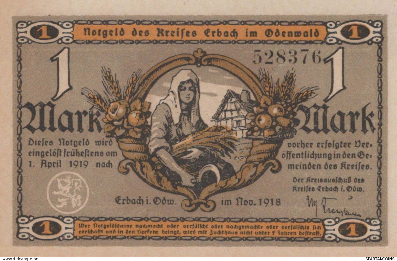 1 MARK 1918 Stadt ERBACH Hesse DEUTSCHLAND Notgeld Papiergeld Banknote #PF969 - [11] Emissioni Locali