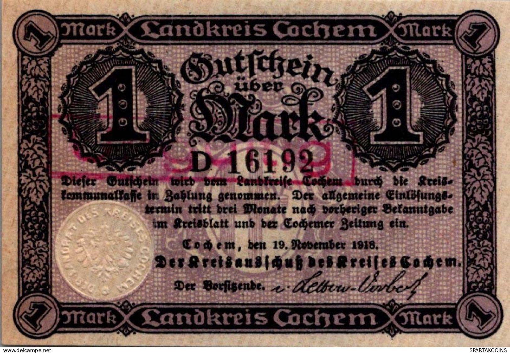 1 MARK 1918 Stadt COCHEM Rhine UNC DEUTSCHLAND Notgeld Banknote #PI130 - [11] Emissioni Locali