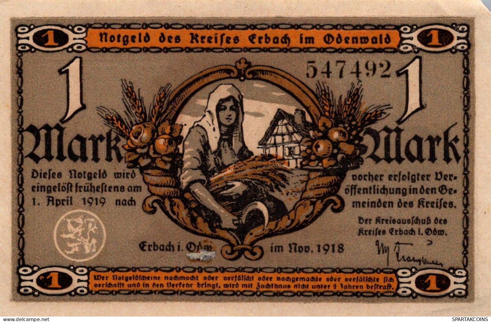 1 MARK 1918 Stadt ERBACH Hesse DEUTSCHLAND Notgeld Papiergeld Banknote #PF542 - [11] Emissioni Locali