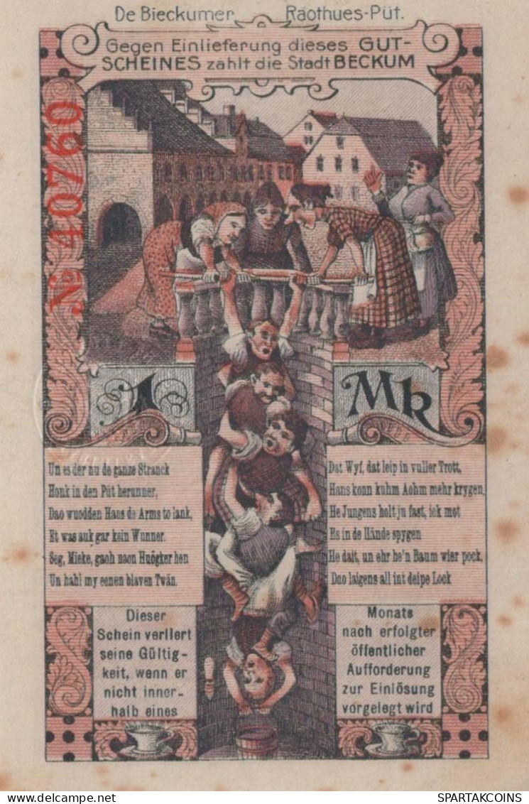 1 MARK 1918 Stadt BECKUM Westphalia DEUTSCHLAND Notgeld Banknote #PG347 - [11] Emissioni Locali