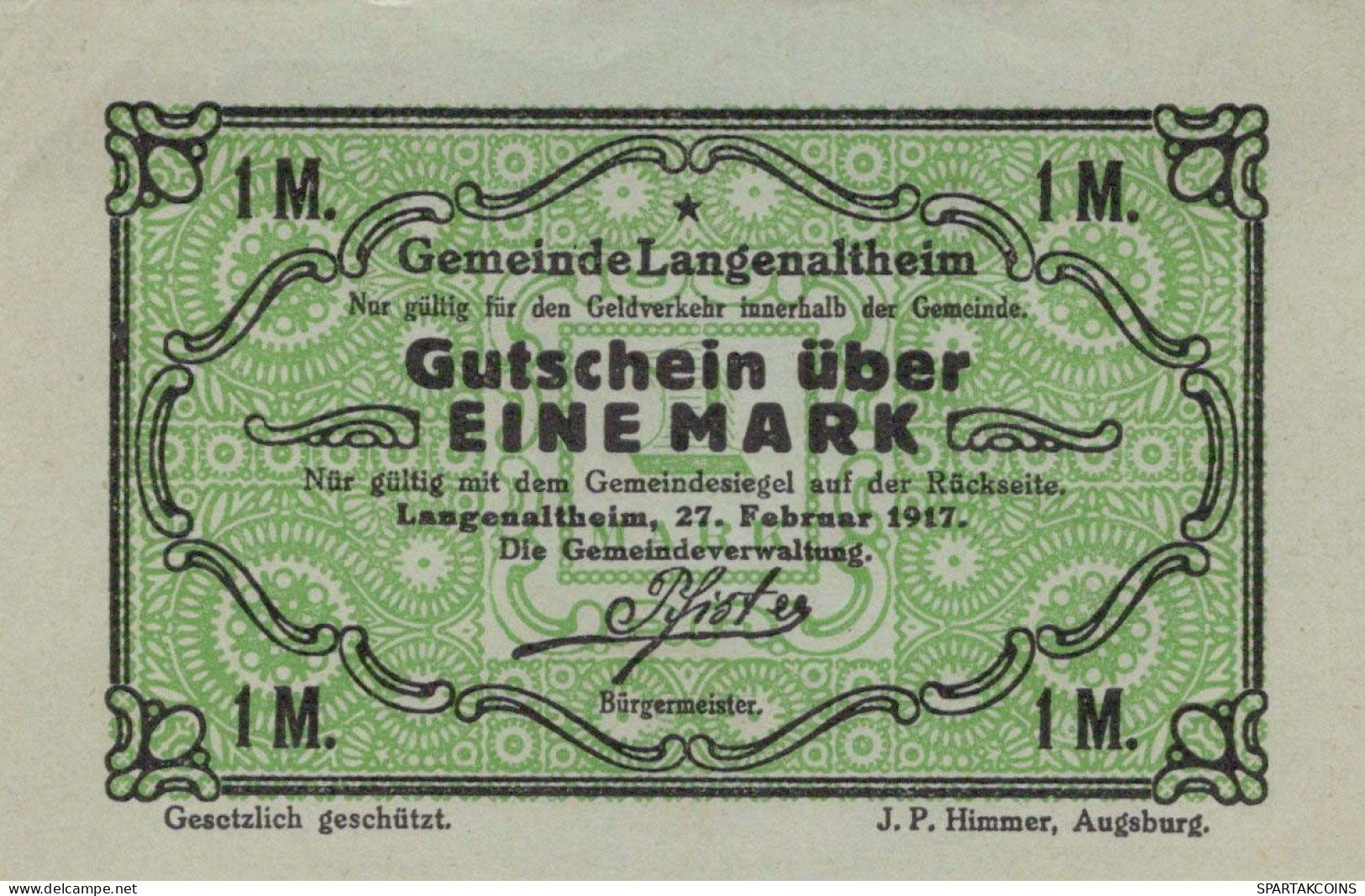 1 MARK 1917 Stadt LANGENALTHEIM Bavaria UNC DEUTSCHLAND Notgeld Banknote #PB965 - [11] Emissioni Locali